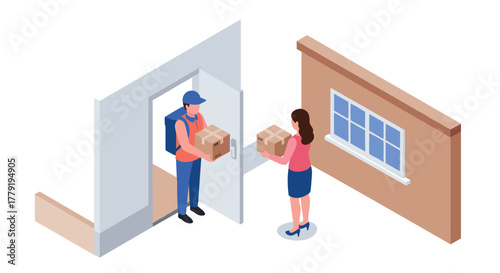 Isometric home delivery concept with courier and customer exchanging parcel