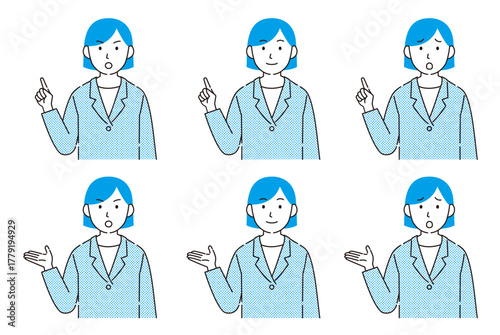 さまざまな表情の女性ビジネスパーソンのセット　シンプル線画イラスト