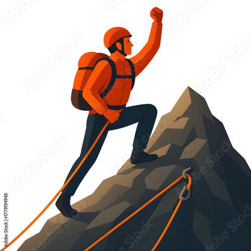 Vibrant illustration depicting a determined climber successfully ascending a challenging mountain, symbolizing triumph, perseverance, and the achievement of ambitious goals