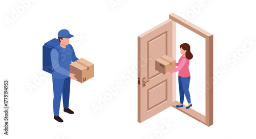Isometric home package delivery person receiving box from courier at doorstep