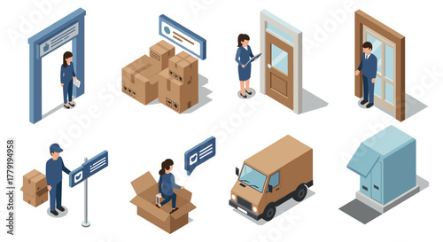 Isometric delivery and logistics people, vehicles, and packages in flat design