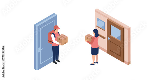Isometric home delivery concept person receiving package from delivery man