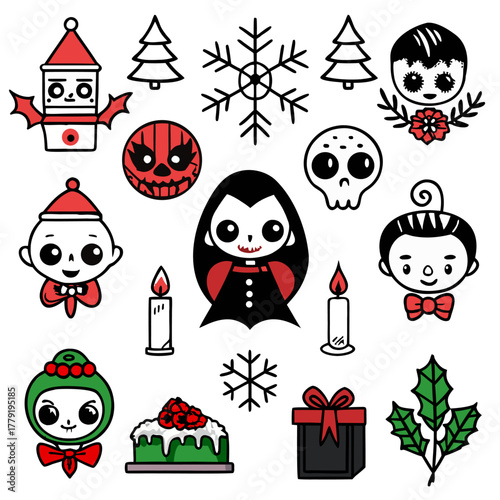 Spooky Dark and gothic Christmas Icon Set. Halloween Inspired Holiday clipart. Vector illustration