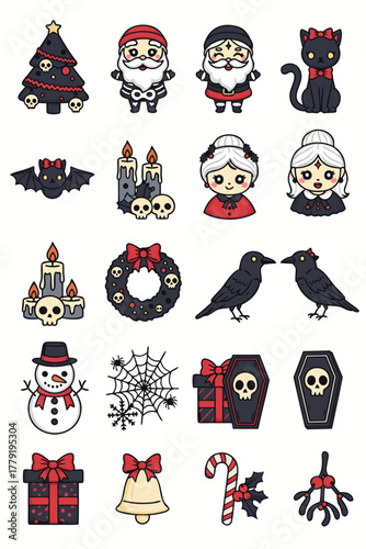 Spooky Dark and gothic Christmas Icon Set. Halloween Inspired Holiday clipart. Vector illustration