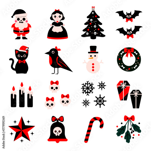 Collection of Spooky Christmas Clipart. Gothic Holiday Elements with Skeletons, Cats, Snowmen and Skulls. Gothmas vector illustration