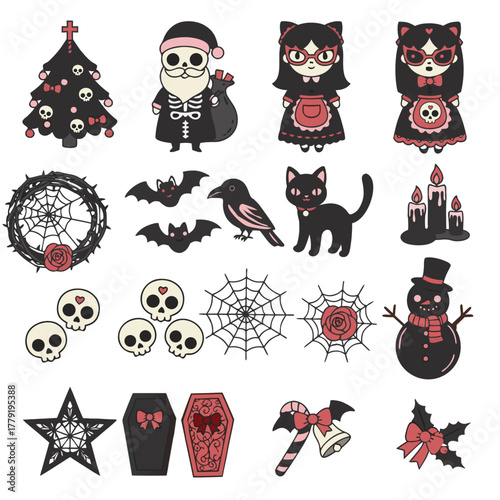 Set of Spooky Christmas Clipart. Gothic Holiday Elements with Skeletons, Cats, Snowmen and Skulls. Gothmas vector illustration