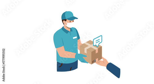 Delivery service concept with courier in mask and customer interaction