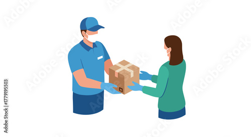Contactless delivery service with courier handing parcel to customer in masks