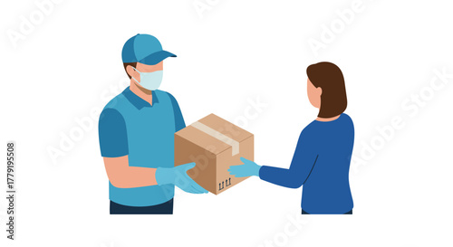 Delivery service interaction in isometric style depicting safe package handoff