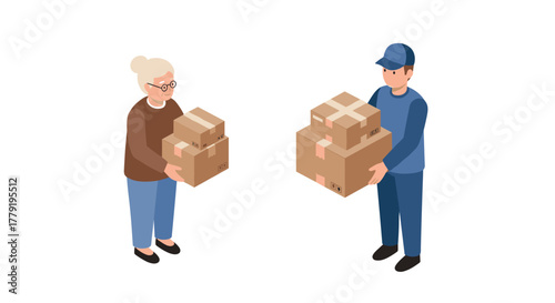 Isometric delivery scene with elderly woman and young man holding packages