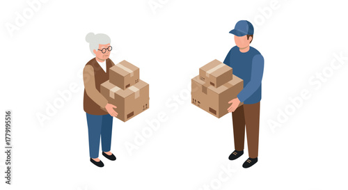 Isometric delivery scene with people exchanging boxes on white background
