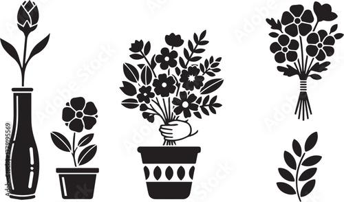 Collection of black and white silhouette illustrations of flowers in vases and pots