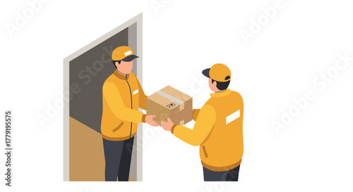 Isometric delivery workers exchanging package in uniform