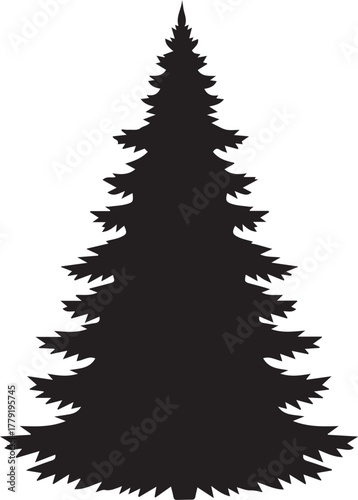 Silhouette of a tall dense evergreen pine tree with a textured natural appearance on a white background