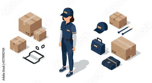 Isometric delivery service with uniformed worker and packages on white background