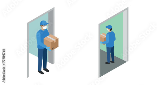 Isometric delivery person with package at door in mask