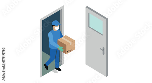 Delivery person bringing package through open doorway with protective gear in isometric style