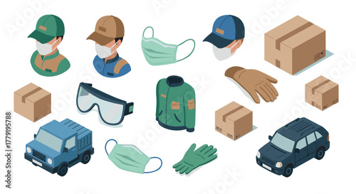 Isometric delivery essentials masks, vehicles, boxes, protective gear
