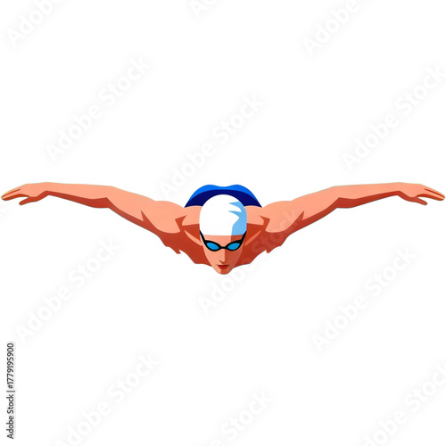 Illustration of a swimmer performing the butterfly stroke in a pool, showcasing athletic performance and aquatic sports