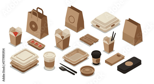 Ecofriendly isometric takeout packaging design for restaurants and cafes