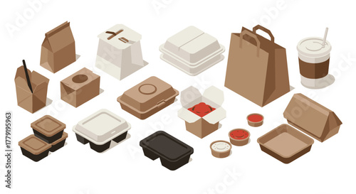 Ecofriendly takeout packaging collection with various recyclable containers