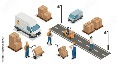 Isometric logistics scene with delivery trucks and warehouse workers handling packages