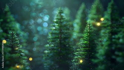 Ethereal Christmas Forest: Pine trees bathed in soft, deep green light with floating golden bokeh and magical dust. Mystical, tranquil winter scene