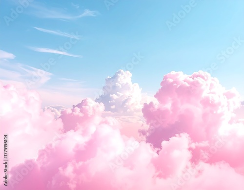 Fototapeta Naklejka Na Ścianę i Meble -  Pastel sky scene with billowing pink clouds and clear blue above. Sunlight creates a soft, ethereal appearance