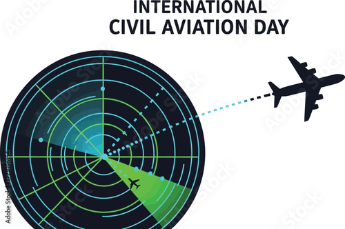 International civil aviation day with radar screen and airplane