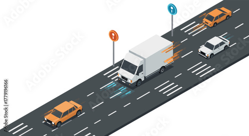 Autonomous vehicles navigating modern city roads in isometric design