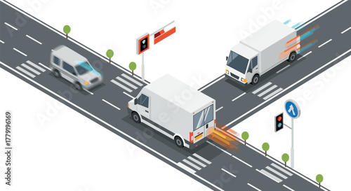 Urban traffic flow with speeding delivery trucks at intersection in isometric style