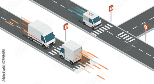 Isometric cityscape with fastmoving delivery vans on roads at intersection