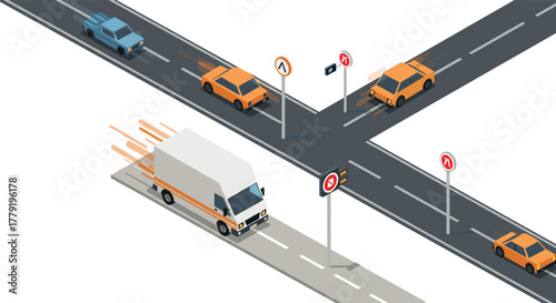 Isometric city intersection with traffic signs and vehicles in motion