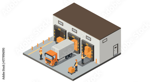 Isometric warehouse loading dock with workers and truck unloading