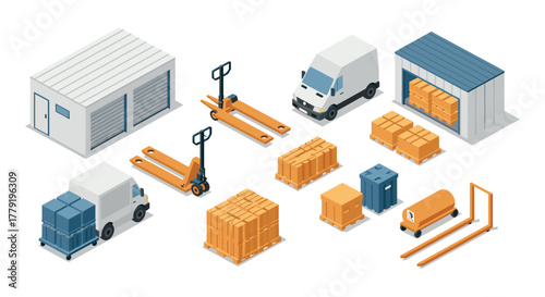 Isometric warehouse equipment and storage solutions for efficient logistics