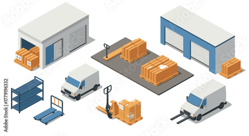 Isometric warehouse elements delivery trucks, pallets, forklifts, and storage units