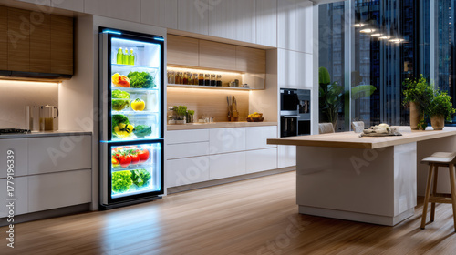 Smart fridge with transparent door and holographic recipe suggestions — modern kitchen technology and innovation concept