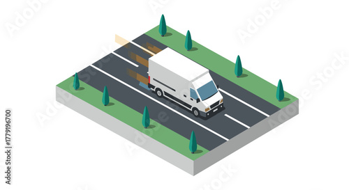 Isometric delivery truck on speedy road surrounded by trees