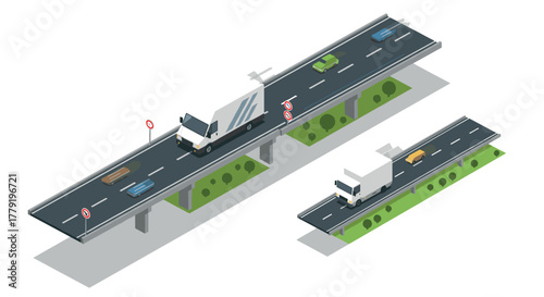Isometric highway with vehicles on overpass in minimalist design