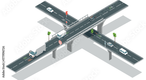 Modern isometric road interchange with vehicles and traffic elements
