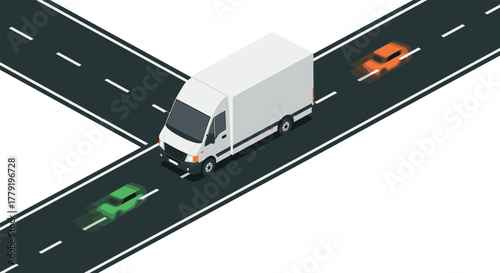 Isometric cityscape with delivery truck and motion blur cars on intersection