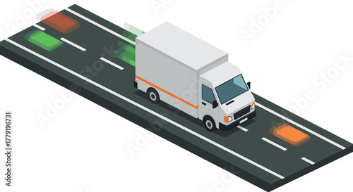 Isometric delivery truck on highway with speeding motion effects