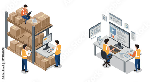 Isometric warehouse and office workers collaborating on inventory and data management