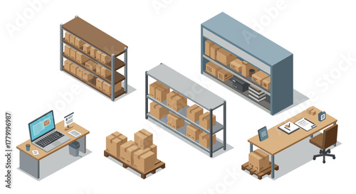 Isometric warehouse and office interior with shelves, desks, and packages