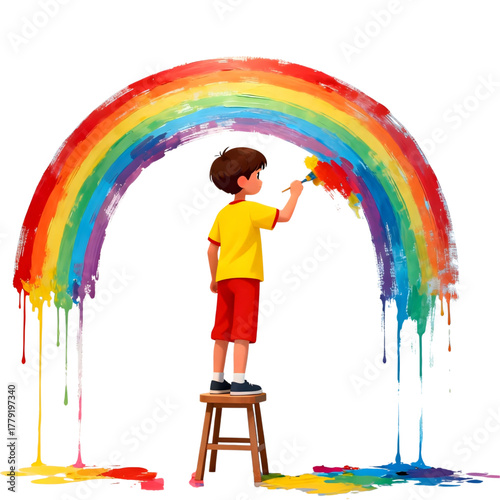Inspired child artist creating a colorful, dripping rainbow on a white background, representing youthful imagination, artistic expression, and dreams coming to life
