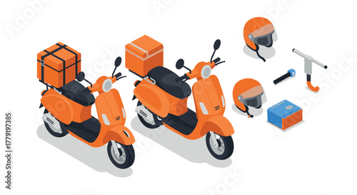 Isometric orange scooters with delivery gear and helmets on white background