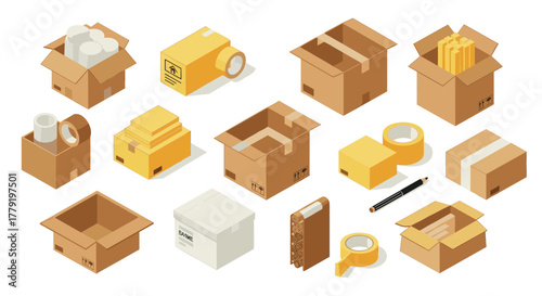 Open and closed cardboard boxes with packing supplies in isometric style