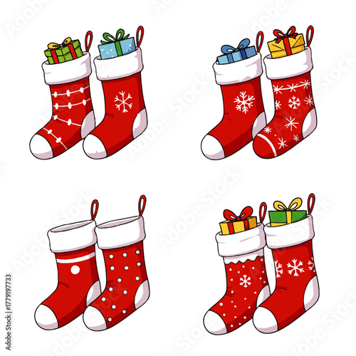Four pairs of festive Christmas stockings, each filled with wrapped gifts.