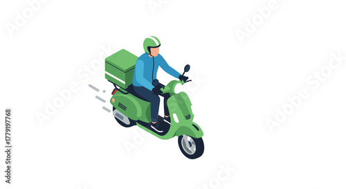 Isometric delivery scooter rider in green uniform and helmet