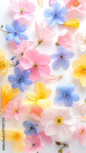 Pastel-colored flowers of various types are arranged in a seemingly random, delicate pattern across a bright white surface. Some petals scattered